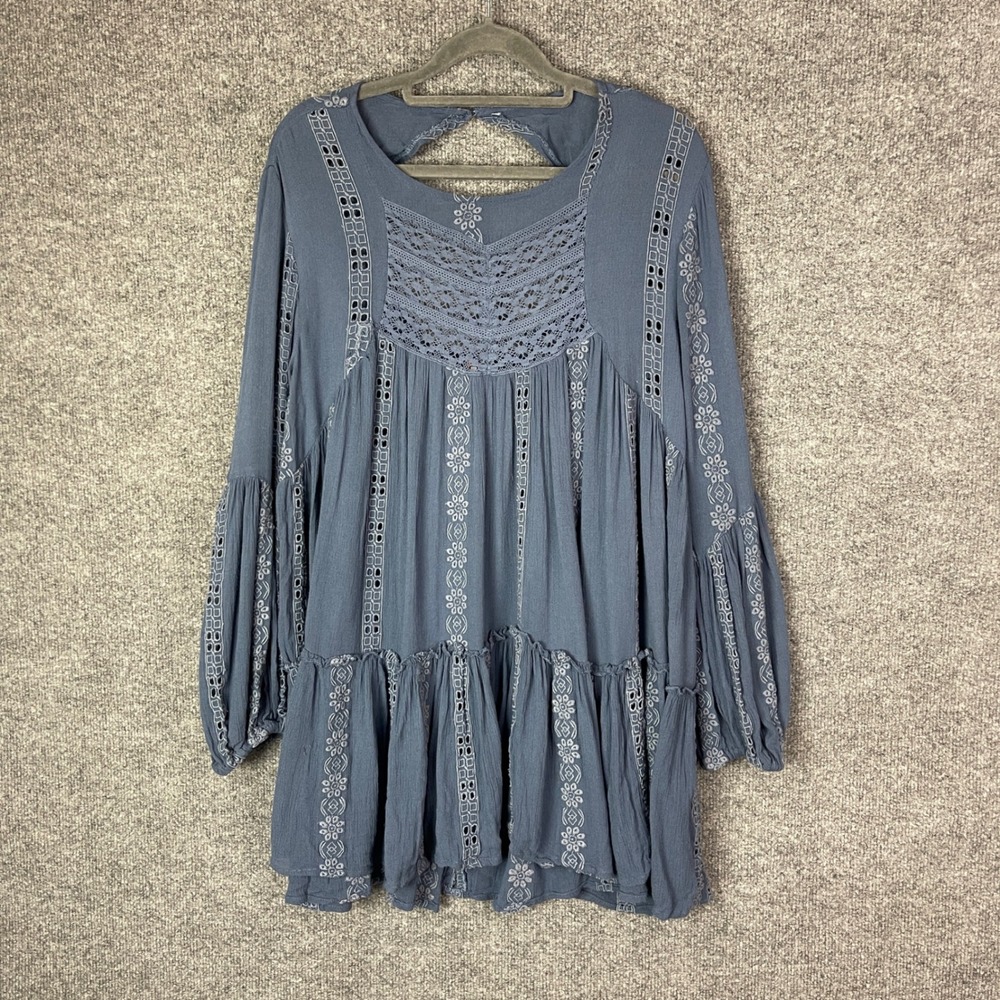 Free People Tunic Womens Small Blue Lace Boho Embroidered Mini Dress